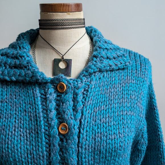 Vintage Blue Teal Chunky Knit Cardigan Cute Grannycore Cottagecore Sweater Small - Picture 7 of 9